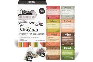 CHAYEAH, Premium Tea Collection (16 Pyramid Tea Sachets, 8 Assorted Flavors), Green, Black, Oolong, Pu’erh & Herbal Tea Sampler Variety Pack, Caffeinated and Non-Caffeinated, Whole Leaf Tea Bag