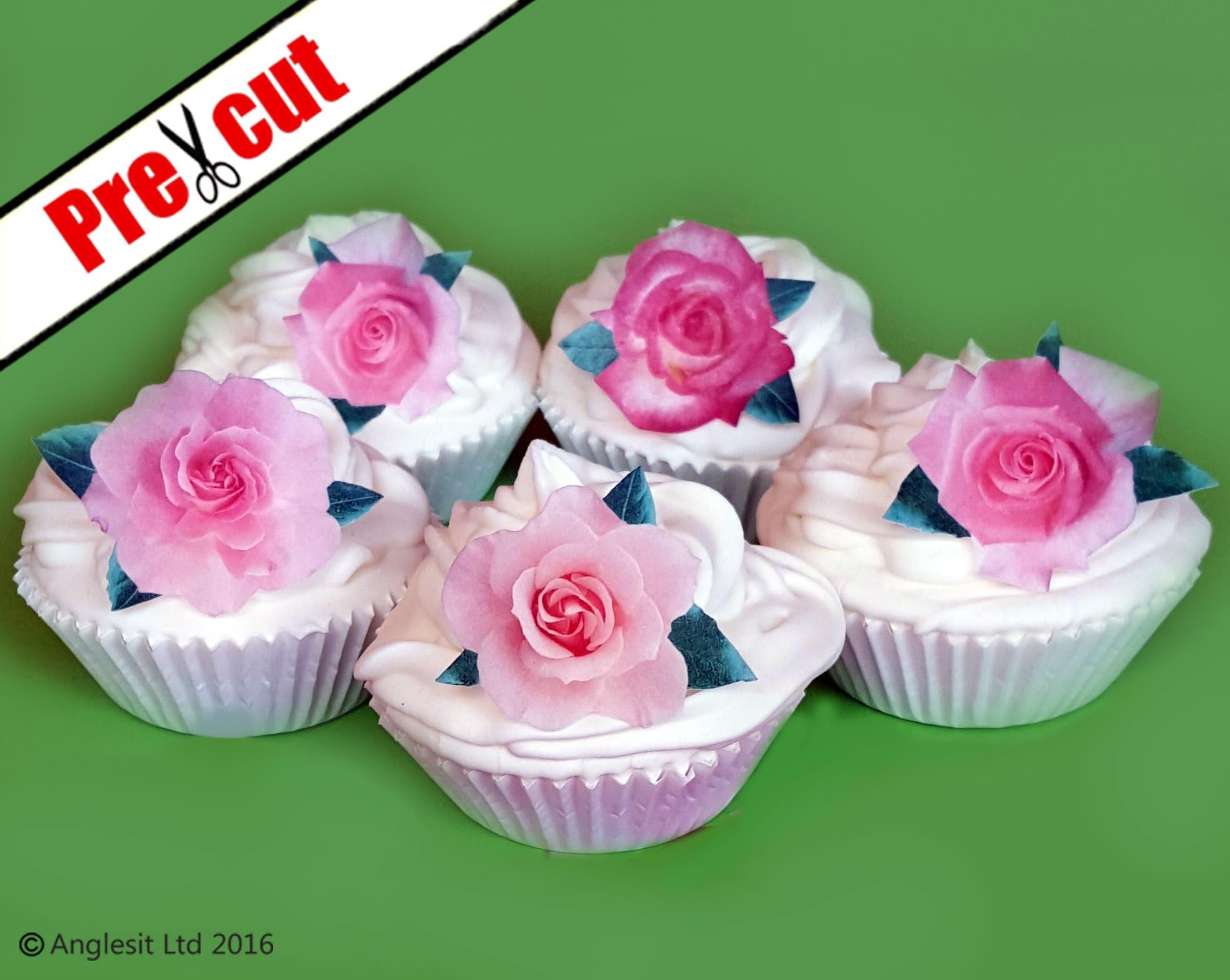 2D FLAT PINK ROSES FLOWERS M1 EDIBLE WAFER /RICE PAPER CUP CAKE TOPPERS BIRTHDAY PARTY WEDDING DECORATION (12)
