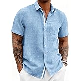 Runcati Mens Linen Button Down Shirts Casual Short Sleeve Shirt Summer Beach Wedding Tops with Pocket