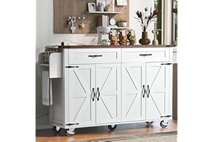 Amposei Farmhouse Rolling Kitchen Island with Power Outlet, Drop Leaf Breakfast Bar, Wooden Mobile Storage Island Cart on Wheels with Drawers, Spice Rack for Kitchen Dining Room (Retro White)