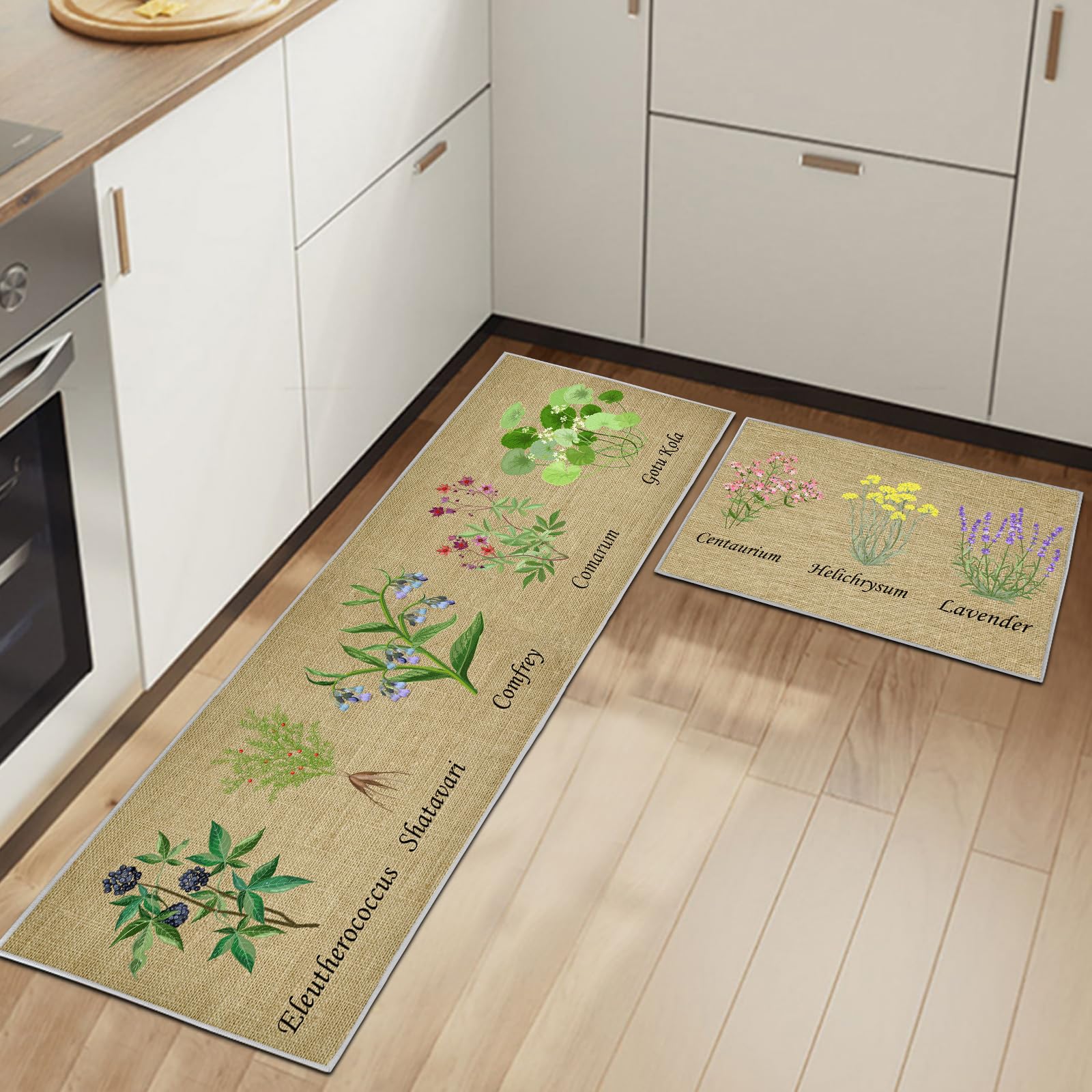 HSGLGNA Kitchen Rugs Runner Set of 2 Anti Fatigue Kitchen Floor Mat for Home Decoration Office Waterproof Non Slip Kitchen Rug Set Comfort Standing Mats (Floral C, 40x60+40x120cm) — image 1