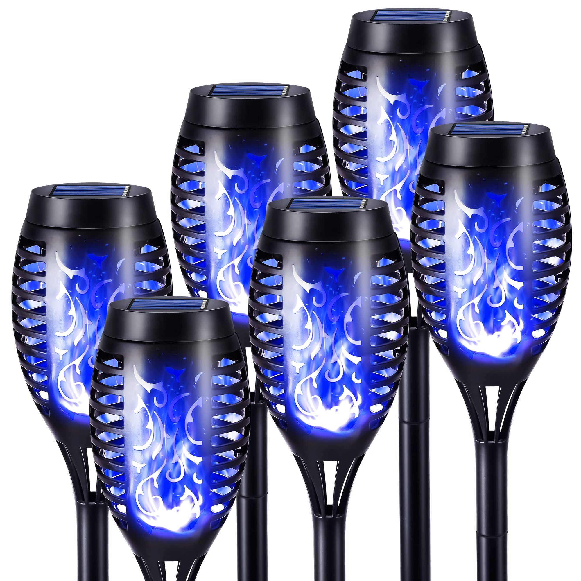 Geemoo 6 Pack Solar Flickering Dancing Flame Lights Blue Waterproof Solar Torch Lights for Outdoor Garden Patio Pathway Yard Driveway Halloween Decorative