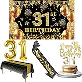 31st Birthday Decorations Men Women with 31st Birthday Banner, Black and Gold Table Cloth, Number Balloons, Large Sash, Cake Topper and Candles