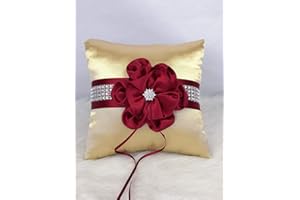 Abbie Home Flower Ring Bearer Pillow in Gold Satin Cover with Burgundy Ribbon Flower Rhinestone Decor Luxury Satin Collection Party Favor Set (Burgundy+Gold Pillow)