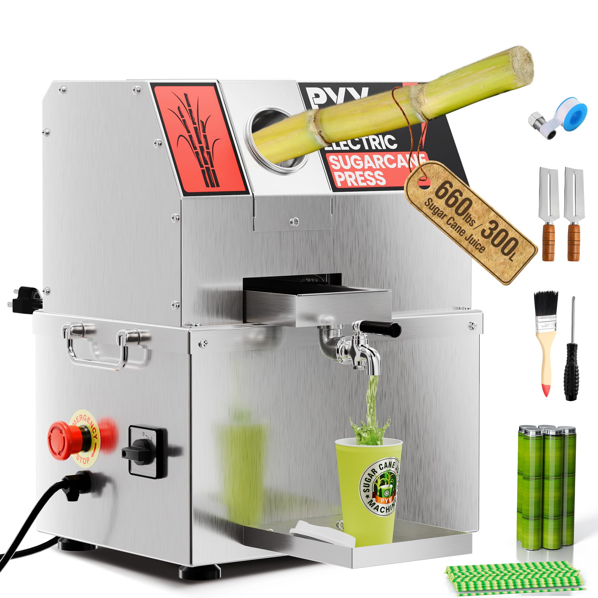 Photo 1 of ***MISSING ATTACHMENTS AND HARDWARE***PYY Sugar Cane Juicer Machine - Commercial Countertop Electric 3-Roller Sugarcane Juice Press, Stainless Steel Washable SugarCane Juice Machine with 2 Peelers, Brush, 600W