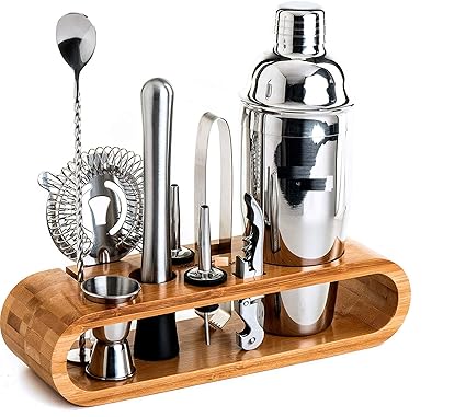 Okayji Stainless Steel Barware Cocktail Shaker Set with Stylish Bamboo Stand Perfect Home Bartender Kit and Bar Tool, 10- Pieces