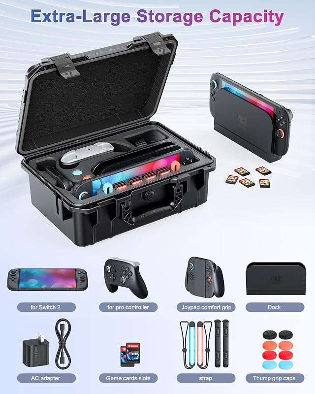 Capa ultra rígida para consola e comando Nintendo Switch 2/Switch 1/OLED, estojo de transporte tudo-em-um, armazenamento seguro para viagens para comando profissional e mais acessórios para a Switch