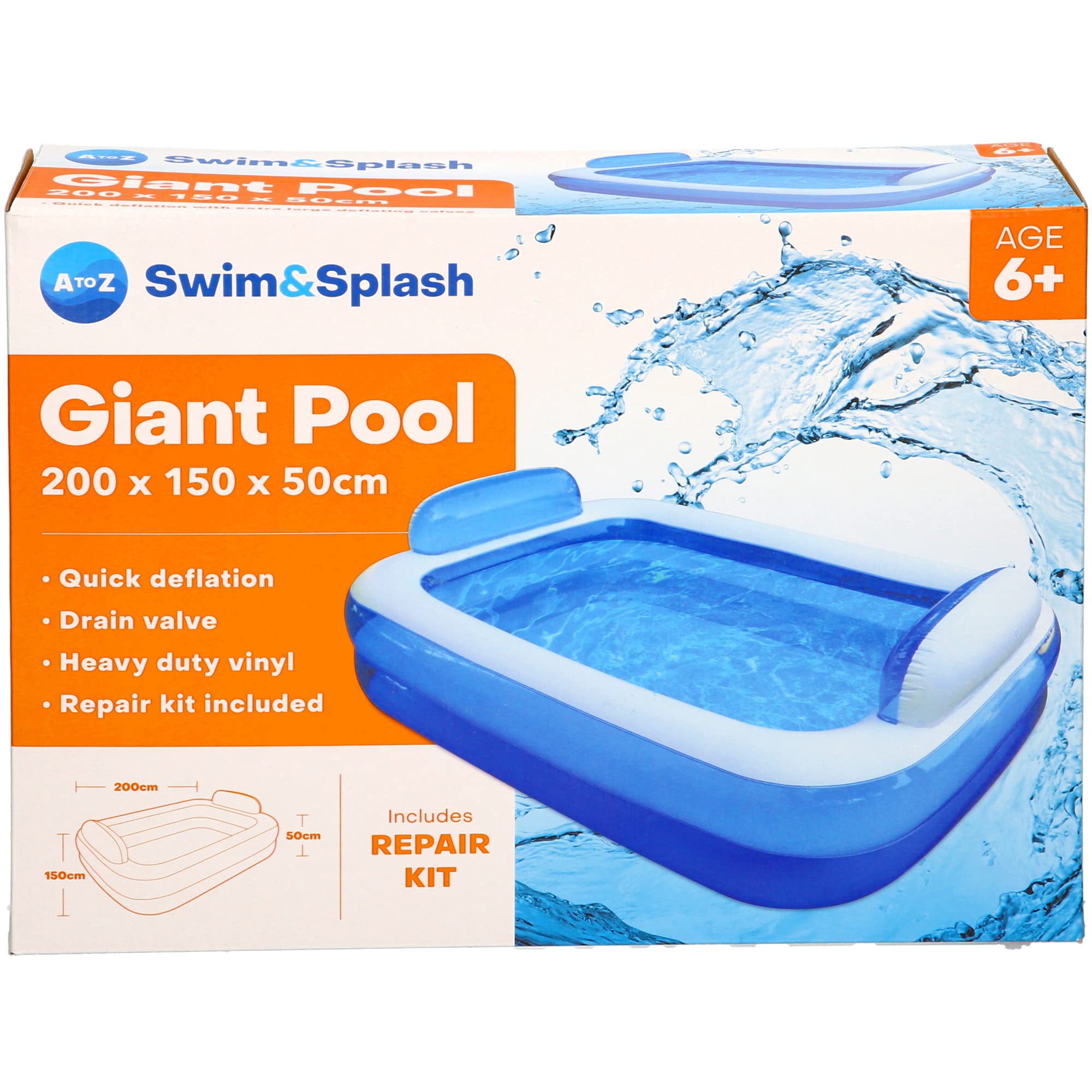A to Z Swim&Splash Giant Inflatable Pool, 200 x 150 x 50 cm, Heavy Duty Vinyl, with Repair Kit, Blue and White
