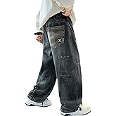 Rolanko Boys Baggy Jeans, Wide Leg Elastic Waist Denim Pants Loose Fit Trousers Vintage Y2K Streetwear