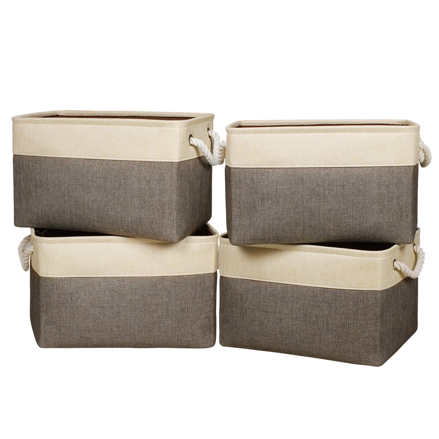 Univivi Foldable Storage Basket 4 Pack, Rectangle Large Storage Baskets with Sturdy Cotton Carry Handles, Fabric Storage Box for Sorting Clothes, Books, Toys, Family Items (15inch Brown)