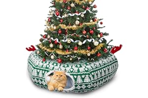 Petrendy Christmas Tree Cat Tunnel, Cute Cat Tunnel Christmas Tree Skirt with Washable Mat, Hanging Ball, Soft Plush Pet Donut Tube Bed Play Gifts, Xmas Decor for Indoor Kitten, Rabbit, Puppy