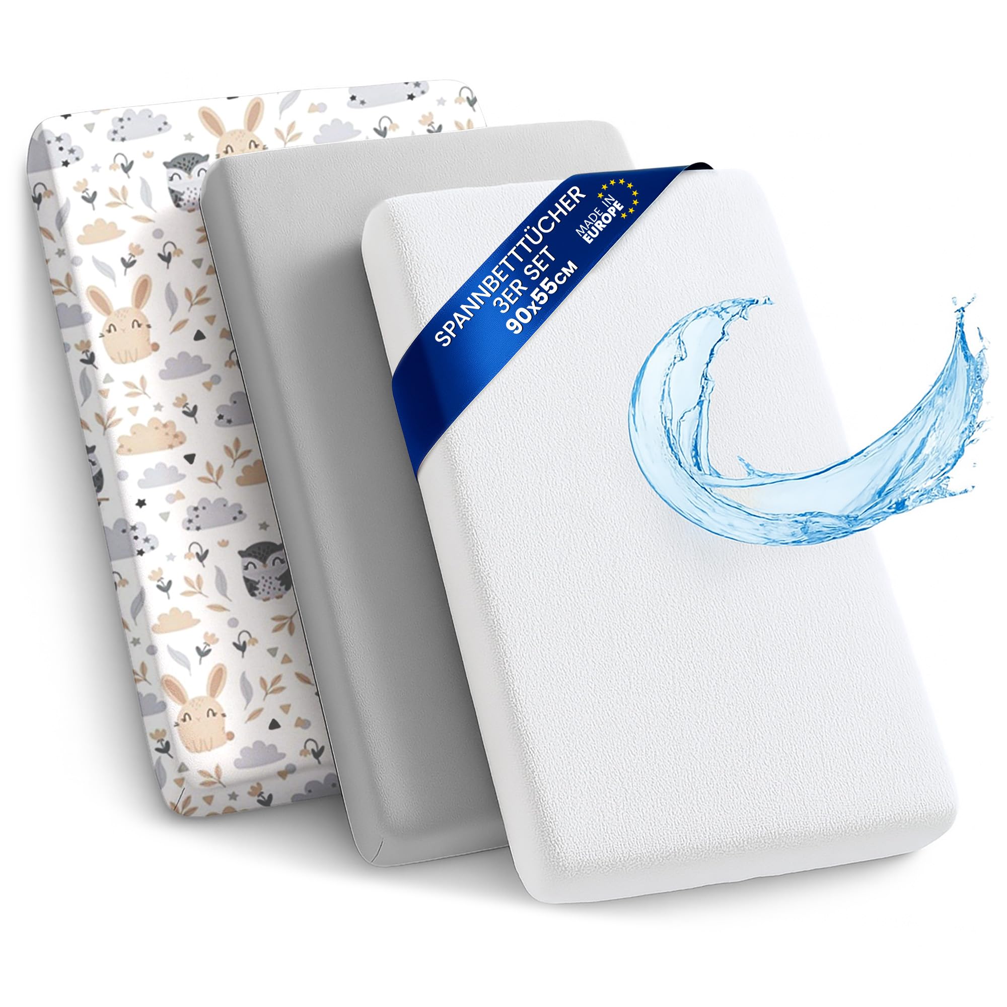 Sheet for Moses Basket Bassinet Crib and Fitted Set of 3: 55x90 cm - 2x Sheets + 1x Waterproof Mattress Protector Set Pram Bed Baby Cot Liner Cover Breathable 55 x 90