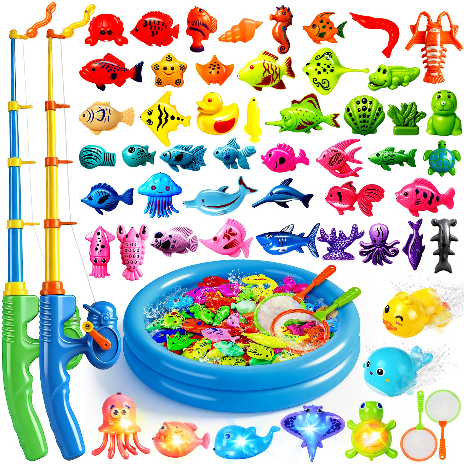 CozyBomB™ Magnetic Fishing Toys Game Set for Kids | Water Table Bathtub Kiddie Pool Party Pole Rod Net, Outdoor Plastic Floating Fish, Toddler Bath Color Ocean Sea Animals Birthday Gift Age 3-5 6 4-8