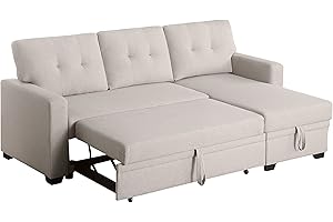 KooYaa 82" L-Shape Convertible Sleeper Sectional Sofa, w/Storage Chaise & Pull-Out Bed, Linen Upholstered Reversible Corner 3 Person Couch, for Apartment, Living Room and Office, Beige