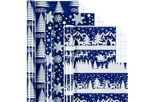 Garbendy Navy Blue Christmas Wrapping Paper 3 Rolls - Christams Tree、Reindeer、Snowflakes with Silver Glitter Metallic Foil Shine for Christmas - 17 inch X 120 inch Per roll
