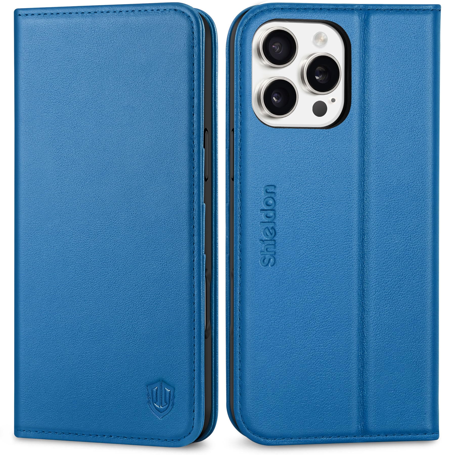 SHIELDON Case for iPhone 16 Pro Max 6.9", Genuine Leather Folio Wallet [Kickstand][RFID Blocking][3 Card Slots] Magnetic Protective Flip Phone Cover Compatible with iPhone 16 Pro Max - Sapphire Blue