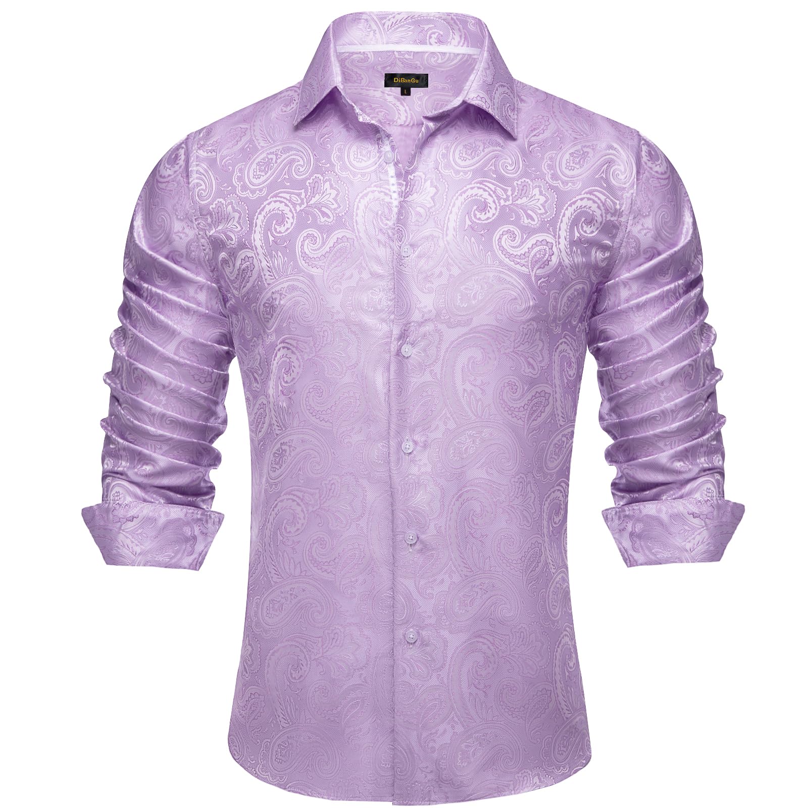 DiBanGu Mens Silk Paisley Dress Shirts,Long Sleeve Button Down Shirt Casual Regular Fit Shirt for Men Wedding Party, Lavender Purple, Small Image