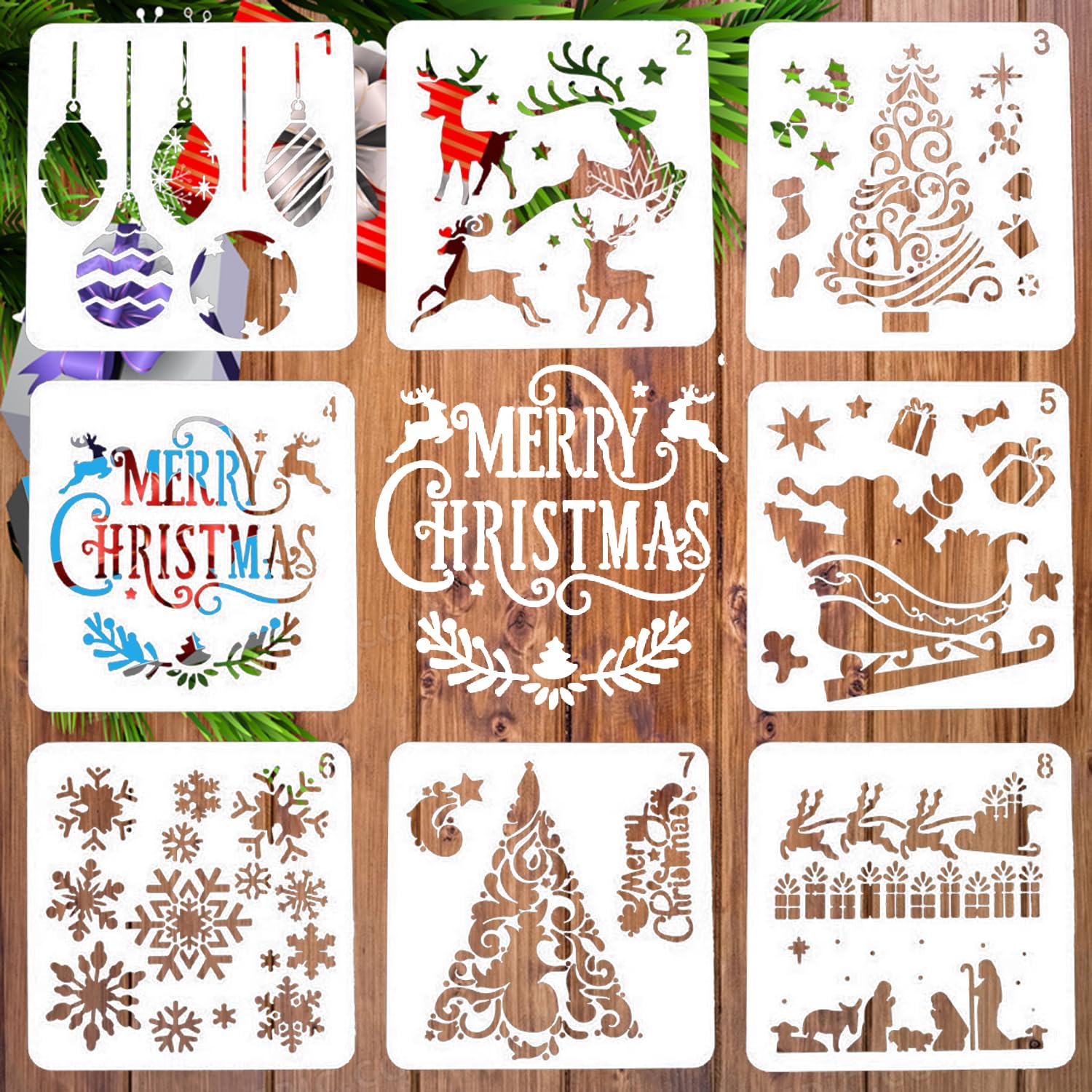 LYPER 8Pcs 6x6inch Christmas Stencils Xmas Scale Template Sets, Reusable Plastic Craft Snow Flake DIY Decoration for Craft Art Drawing Painting Spraying on Window, Glass,Wood