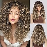 LONAI Curly Wig with Bangs for Women Long Honey Blonde Kinky Wigs with Bangs WIG006 Curly Shag Synthetic Wig for Daily Use Party Cosplay-Ombre Honey Blonde