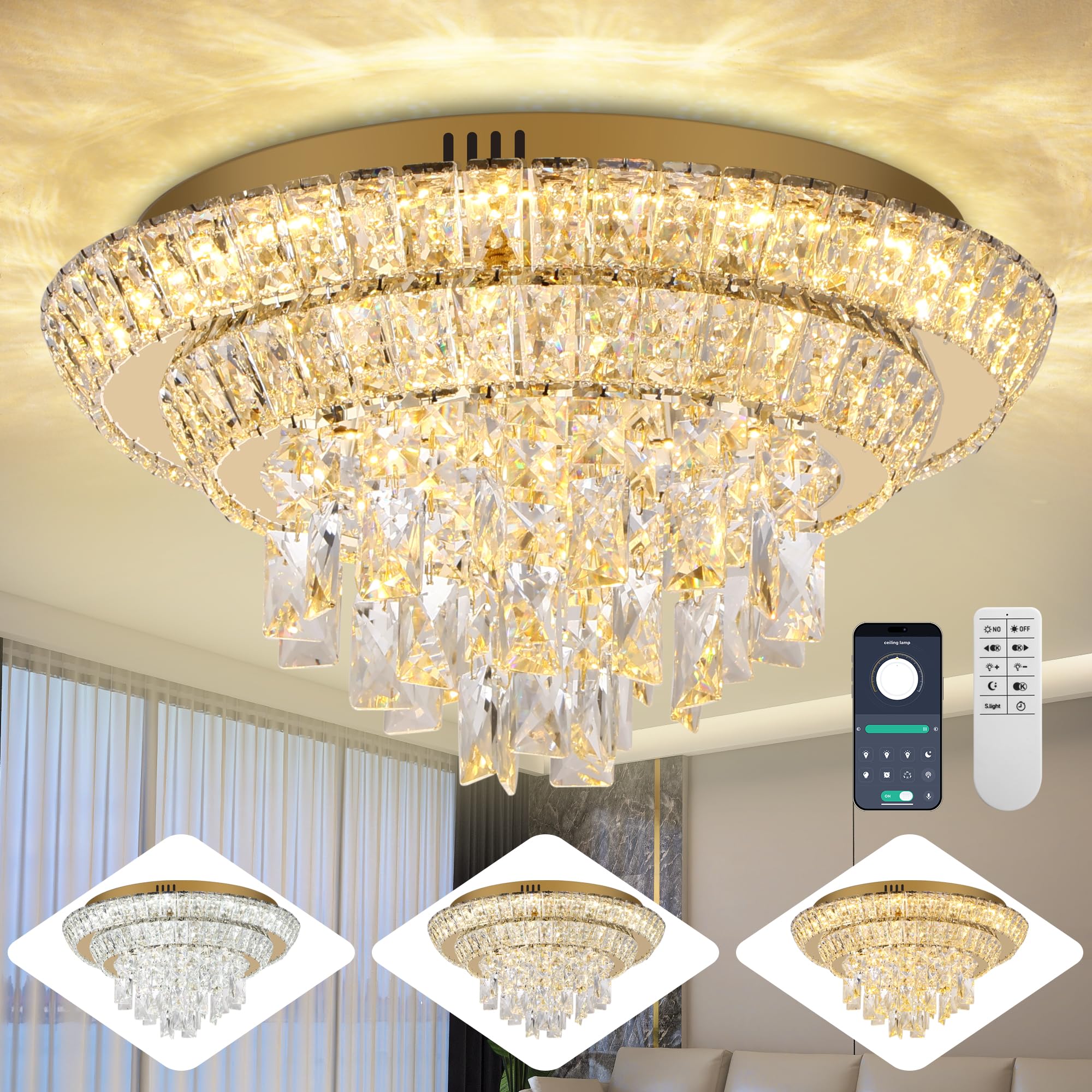 Photo 1 of 18 inch Crystal Gold Ceiling-Light Flush Mount with Remote Control and APP, 3CCT Dimmable & Brightness Adjustable, Modern Crystal Raindrop Chandeliers for Bedroom Hallway Dinning Room Living Room