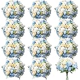 Tigeen Artificial Flowers Artificial Peonies Silk Flowers Faux Peony Fake Peony Silk Hydrangea Bouquet for Wedding Table Centerpiece Floral Vase Decor(White,Blue,12 Bundles)