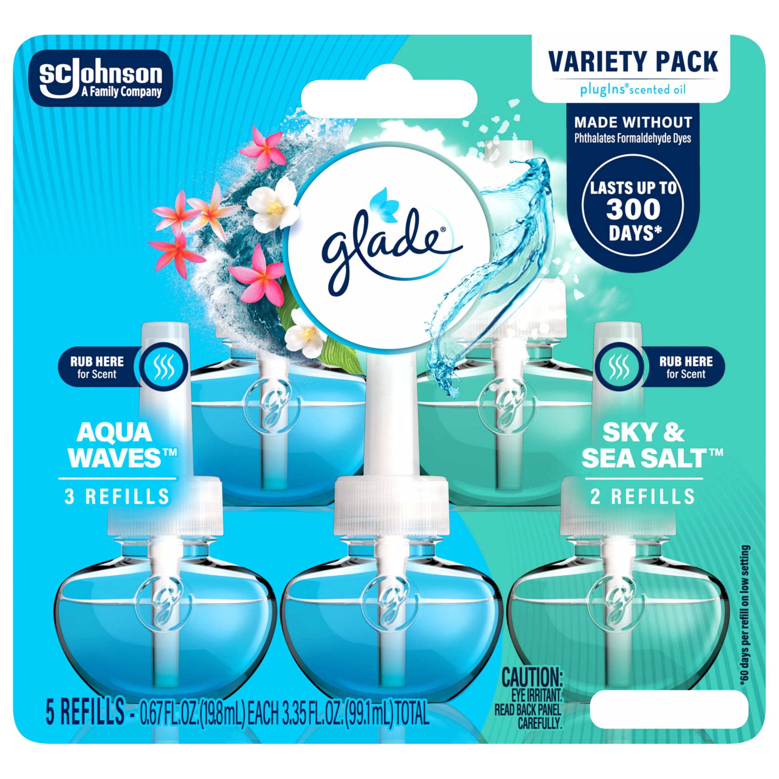 Photo 1 of Glade PlugIns Refills Air Freshener, Aqua Waves and Sky & Sea Salt, Scented and Essential Oils for Home and Bathroom, 0.67 Fl Oz, 5 Count