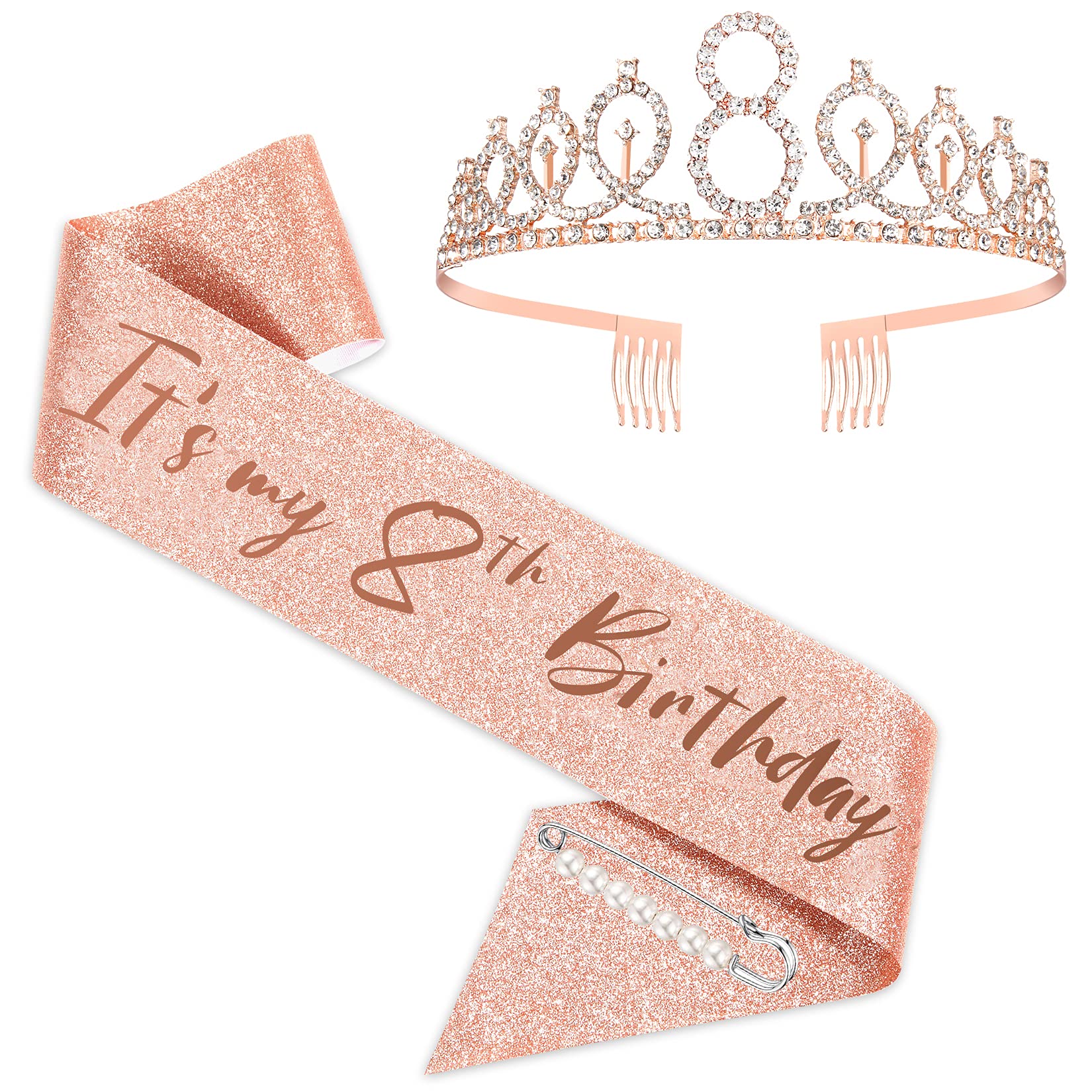 8th Birthday Sash and Tiara for Girls, Rose Gold Birthday Sash Crown 8 & Fabulous Sash and Tiara for Girls, 8th Birthday Gifts for Happy 8th Birthday Party Favor Supplies