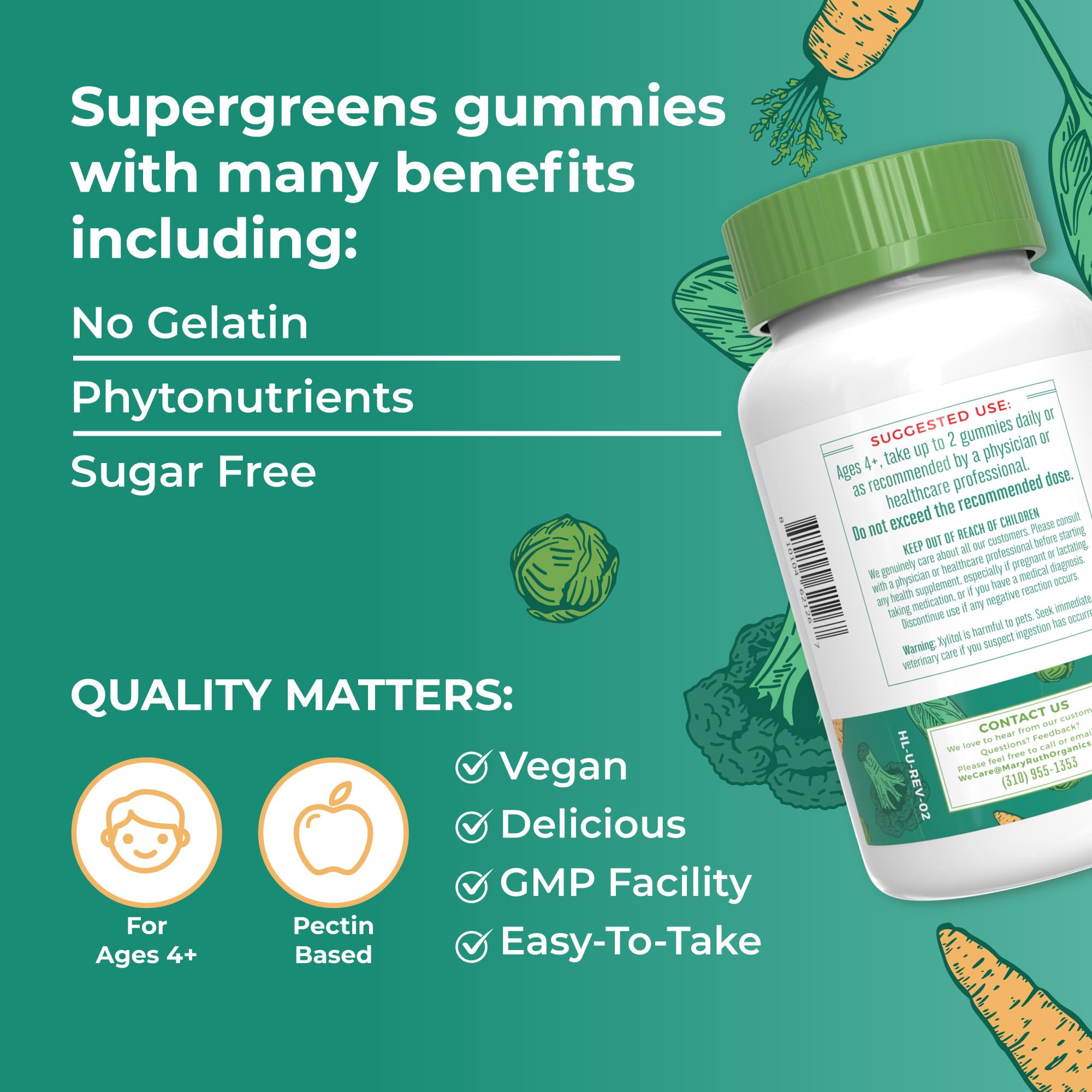 MaryRuth Organics Super Greens Gummies | Naturally-Occurring Quercetin for Adults and Kids Ages 4+ | Sugar Free | 2g Fiber Per Serving | Vegan | No Gelatin | Pectin Based | 60 Count | 30 Servings