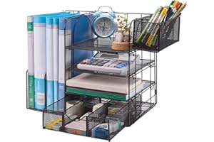 TSJ OFFICE 9 In 1 File Organizer for Desk, 4 Tier Paper Letter Tray Organizer with Drawer & Hanging Pen Holder, Mesh Desktop Organizer and Storage with Magazine Holder for Office Supplies