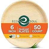 ECO SOUL 6 Inch Disposable Palm Leaf Plates [50 Pack] Premium Food-Safe Heavy Duty Compostable Bamboo Paper Plates for Desser