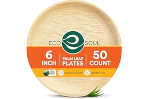ECO SOUL Palm Leaf Plates 6" Round (50 Count) - Disposable, Eco-Friendly, Biodegradable Bamboo Appetizer Plates - Perfect Din