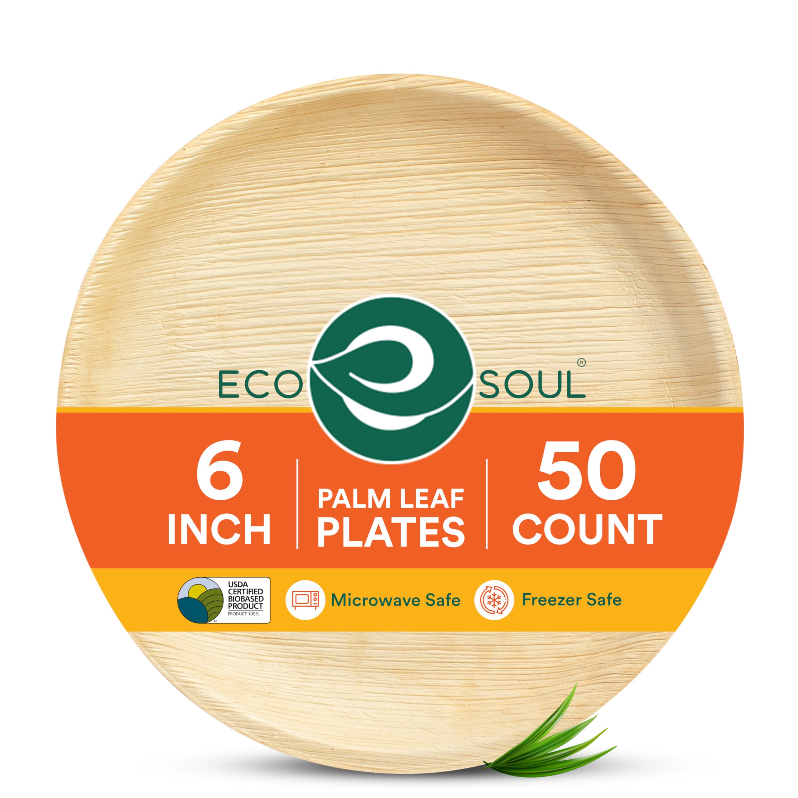 ECO SOUL Palm Leaf Plates 6”(15cm) Round (50 Count) Small Bamboo Plate |Eco Friendly, Biodegradable, Compostable Heavy-Duty Plate, Disposable Plates for Dinner, Party & Events