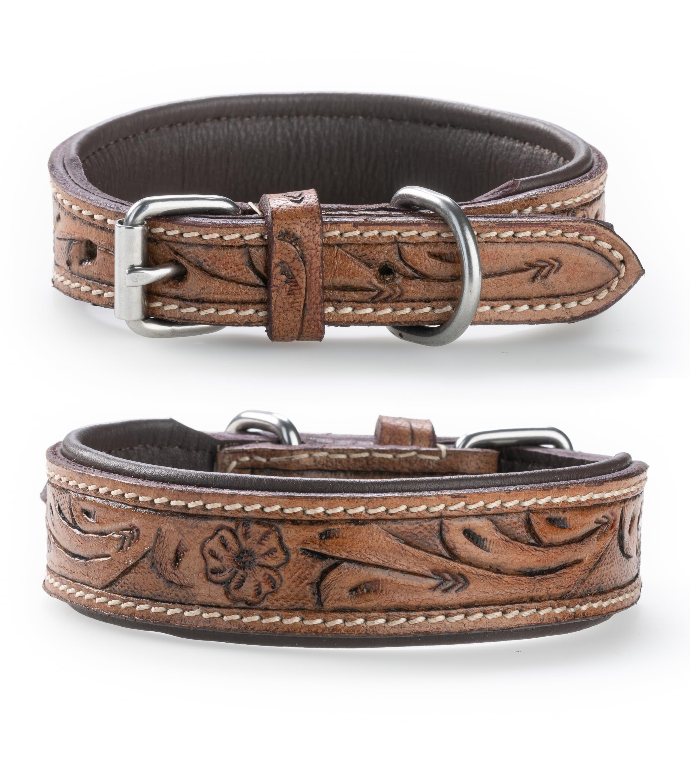 Exclusive Leather Dog Collar with Carved Floral Patterns/Ornaments - Buffalo Leather Collar - Padded Leather Dog Collar Abey (L (41-49.5cm))