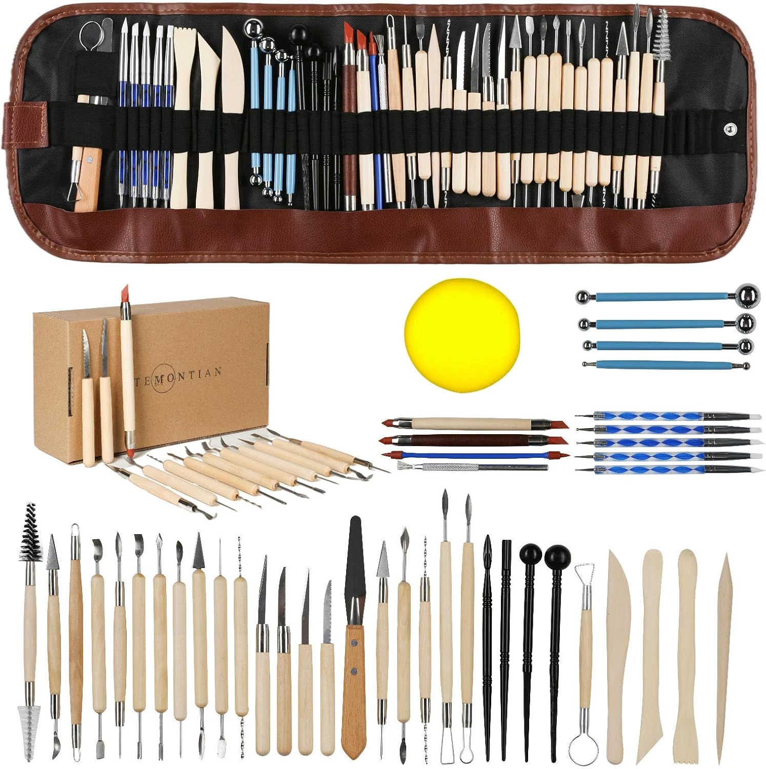 TEMONTIAN 44Pcs Pottery Tool Set, Contains Most of The Modeling Clay Tools to Meet Your Great Needs for Sculpting, Shaping, Modeling, Cutting, Scraping, Brushing, Smoothing and More.