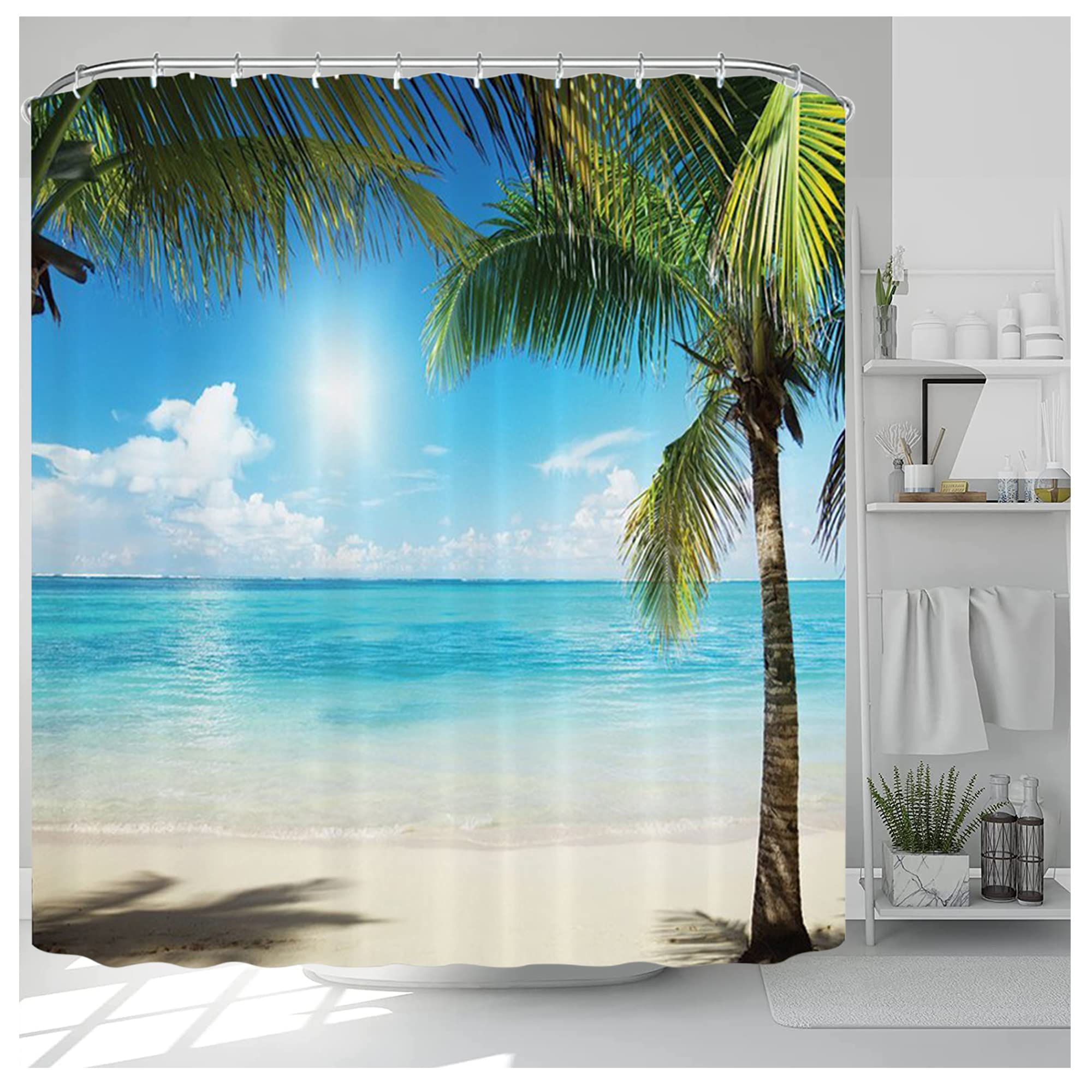 NiCoLa Shower Curtains Waterproof Curtain for Bathroom Shower with 12 Hooks, 3D Washable Shower Curtain, Beach Scene Shower Curtain for Wet Room 72 * 78 Inch