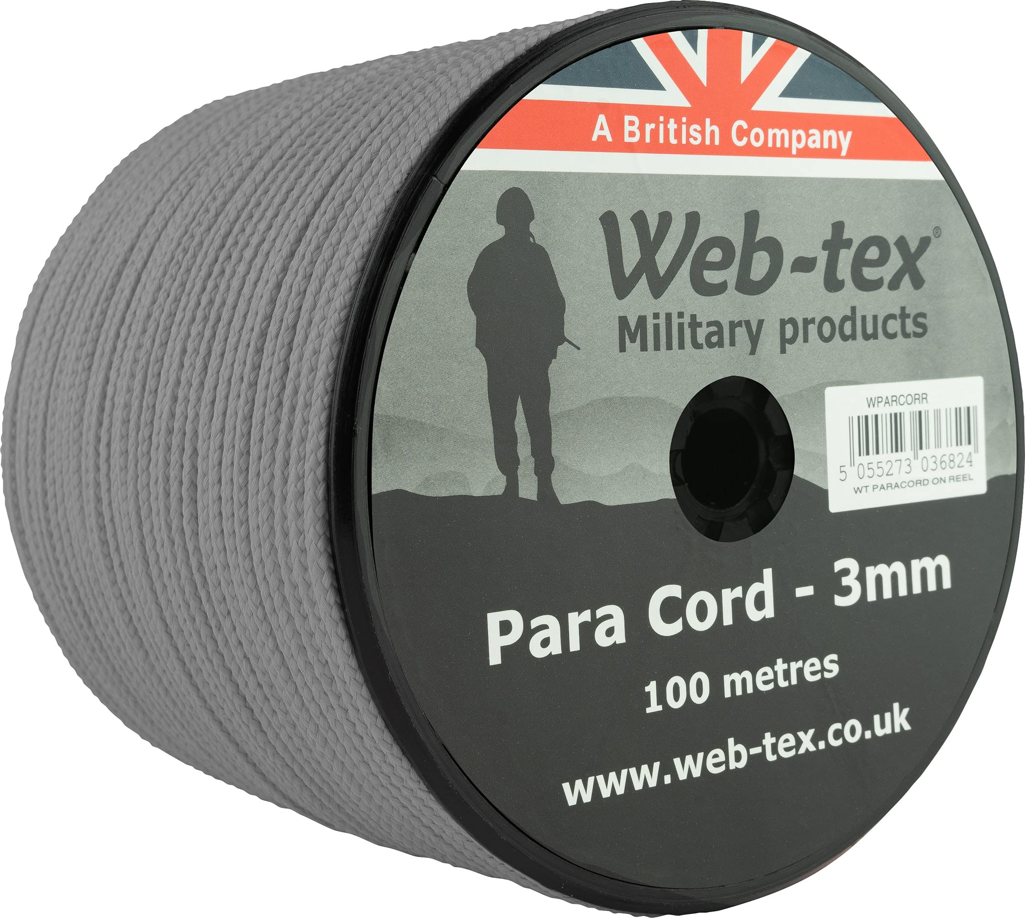 Web-tex Paracord Reel 100m x 3mm, Durable Polypropylene Parachute Cord, 70kg Breaking Strength, 330ft length – Ideal for Camping, Bushcraft, Hiking, DIY Crafts, Survival Kits and Hammocks - Grey