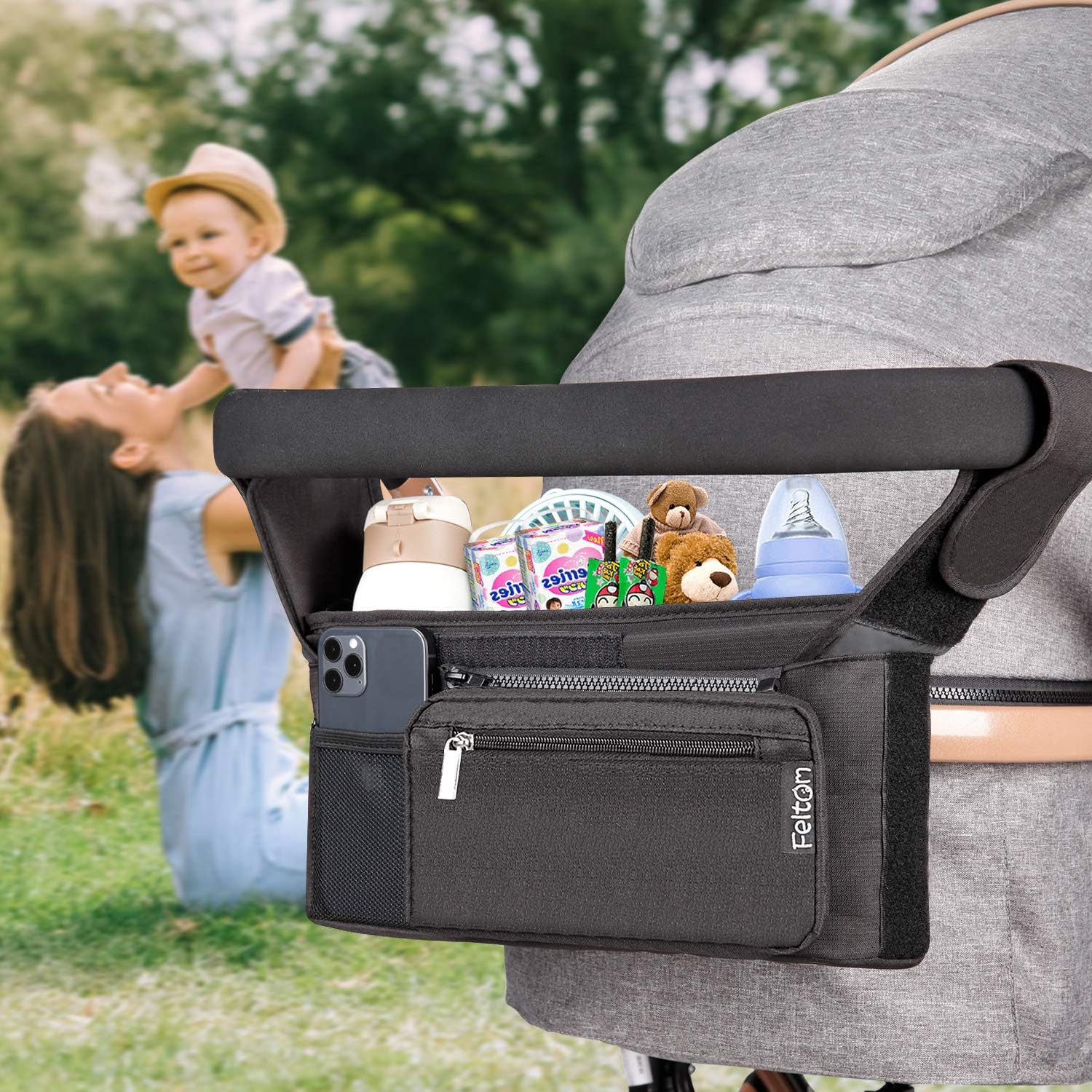 Feltom Baby Stroller Organizer, Universal Stroller Storage Bag with Cup Holders Waterproof and Detachable Phone Bag and Shoulder Strap, Stroller Accessories for Carrying Diaper, Phone, Toys and Snacks: Home Improvement