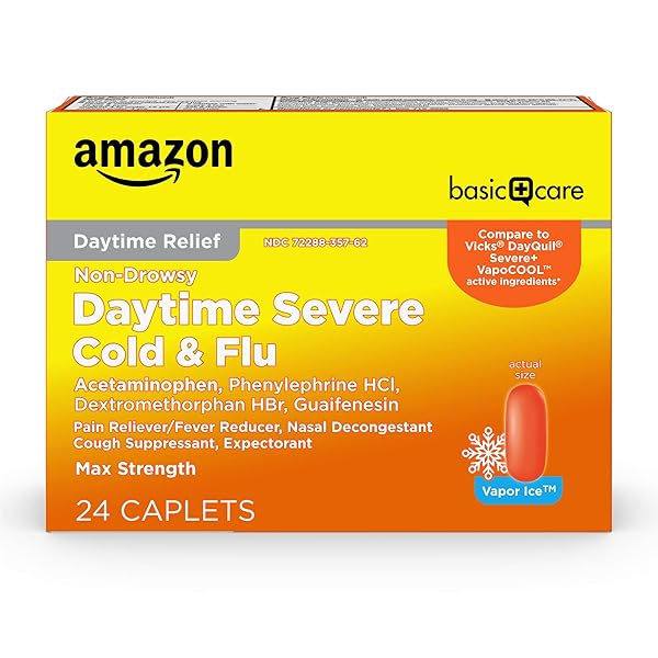 AMAZON BASIC CARE DAYTIME SEVERE COLD & FLU RELIEF CAPLETS, MEDICATION FOR SEVERE COLD AND FLU SYMPTOMS LIKE HEADACHE, FEVER, COUGHING, CHEST & NASAL CONGESTION, VAPOR ICE, 24 COUNT