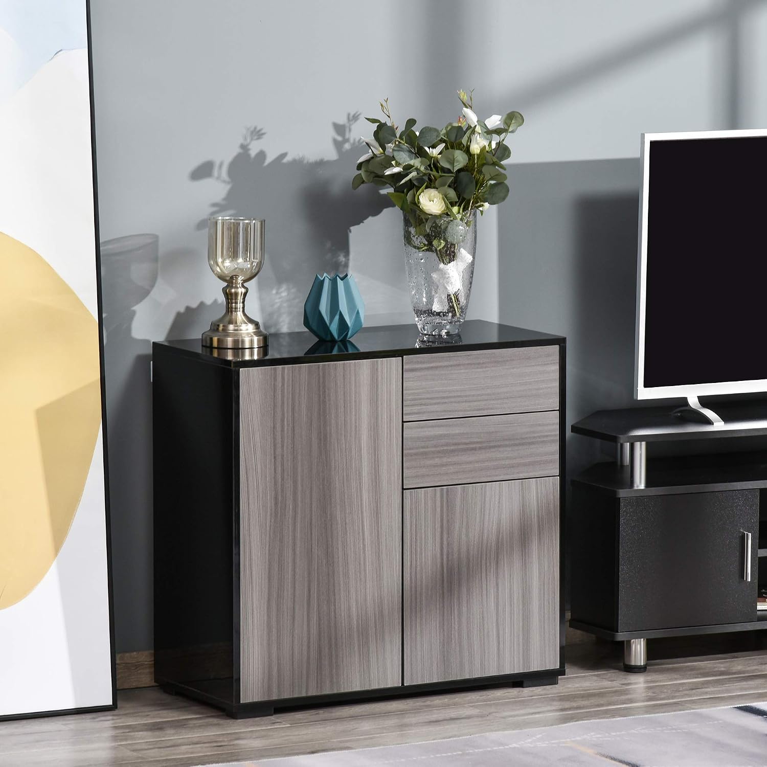 HOMCOM High Gloss Frame Sideboard, Side Cabinet, Push-Open Design with 2 Doors for Living Room Bedroom, Light Grey and Black - Image 4