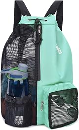 WANDF Swim Bag Mesh Drawstring Backpack Wet Pocket Mint Green
