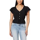 WallFlower Women's Adrianne Flutter Sleeve V-Neck Rayon Challis Swiss Dot Peplum Top