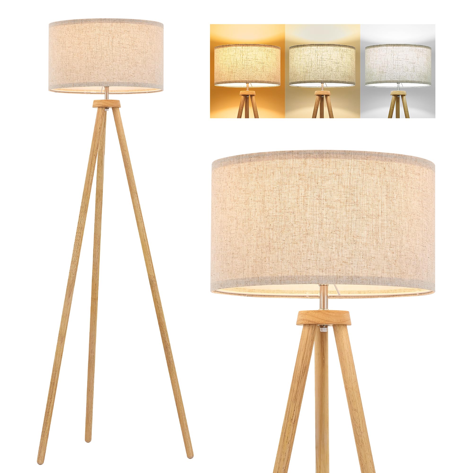 Photo 1 of ELYONA Wood Tripod Floor Lamp for Living Room, Nordic Standing lamp with 3 Color Temperatures LED Bulb Included & Beige Linen Shade, Footswitch, Tall lamp for Bedroom, Office, Study Room, Natural Wood