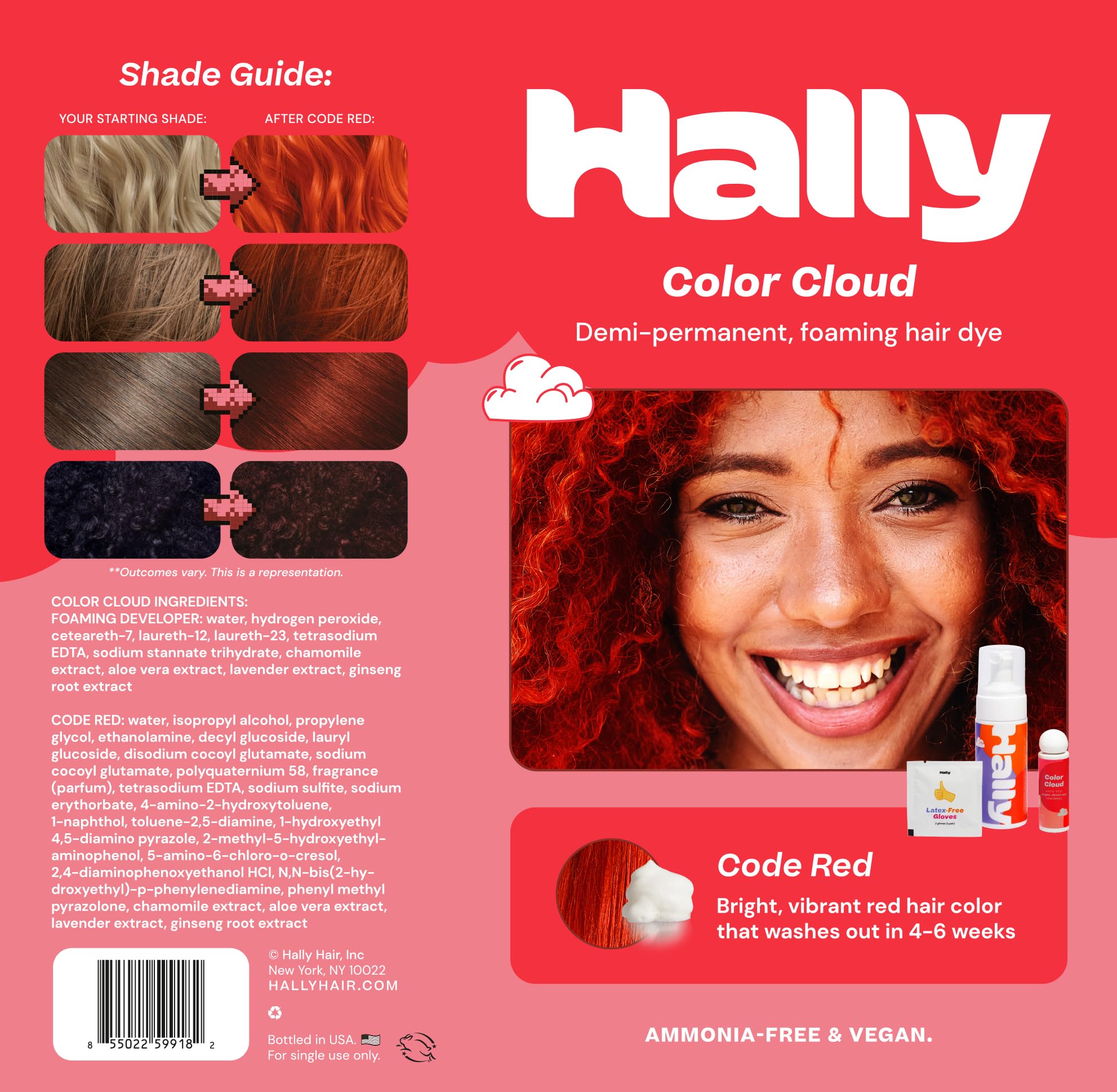 Hally Hair Color Cloud Hair Dye (Code Red) - Demi-Permanent Foam Hair Color for Women & Men - Mess-Free & Long-Lasting Hair Dye Kit, Hair Coloring Products Wash Out in 4-6 Weeks, Vegan