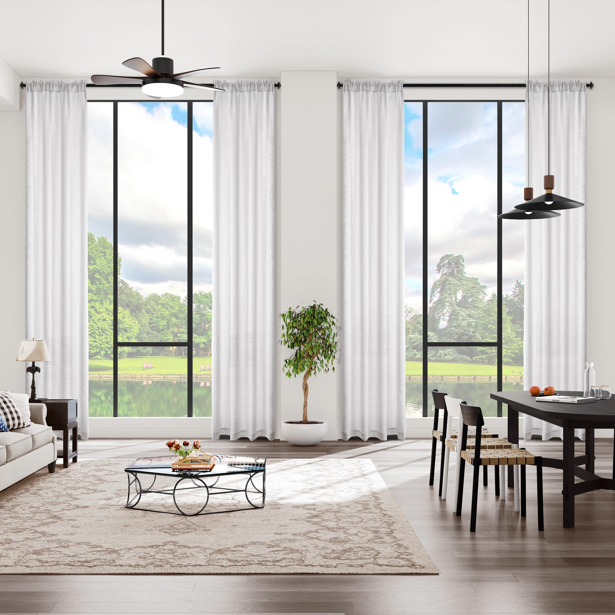 Photo 1 of MASWOND Extra Long White Linen Sheer Curtains 156 Inch for High Living Room, Custom Made High Ceiling Drapes,2 Story Windows Rod Pocket Privacy Curtains for Loft W52 Inches x 13ft, 1 Panel