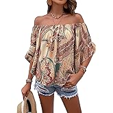 Floerns Women's Off Shoulder Flounce Sleeve Boho Printed Summer Blouse Top