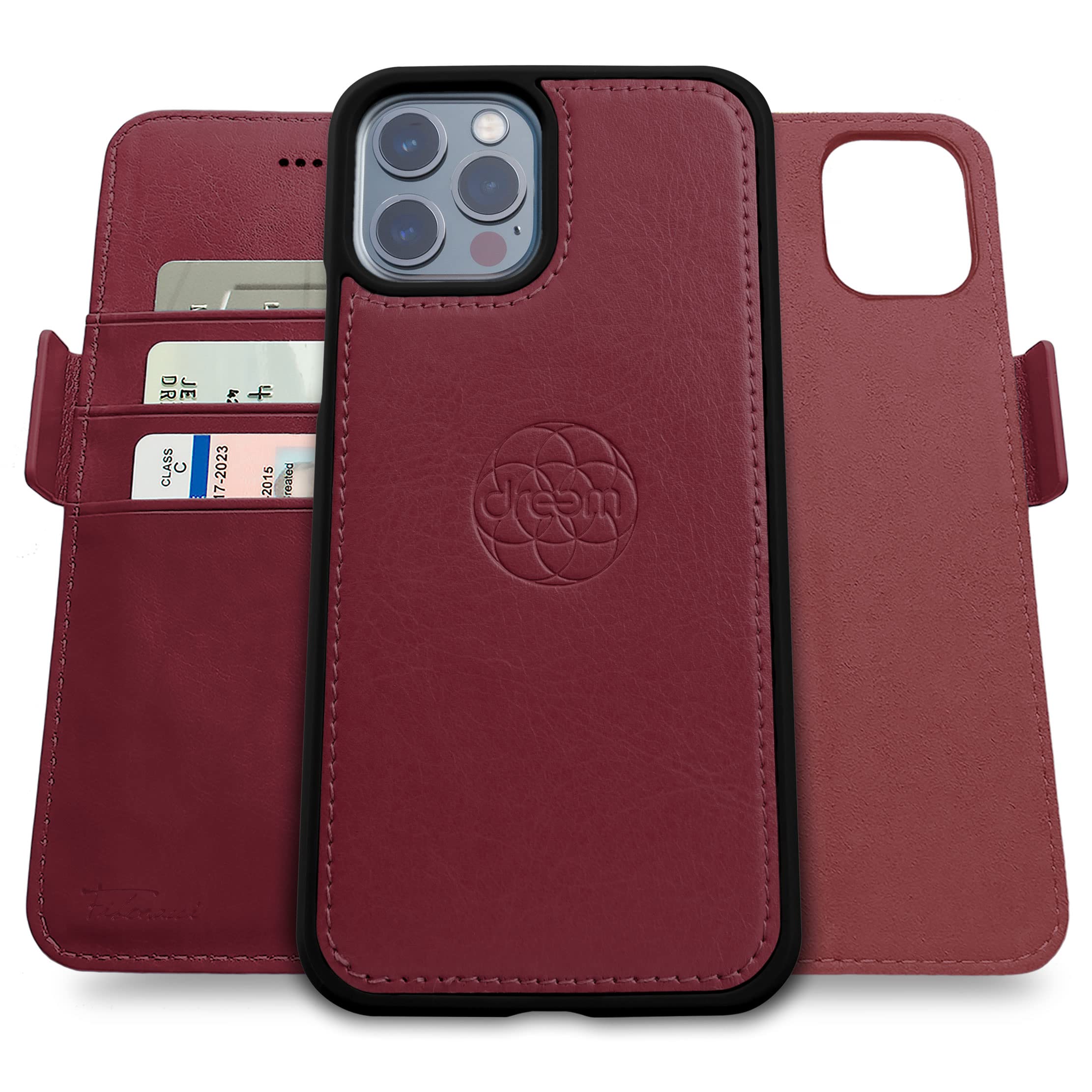 dreem Fibonacci wallet case compatible with iPhone 13 Pro Max / 2-in-1 shockproof case and detachable vegan leather folio, MagSafe compatible, RFID protection [Burgundy]