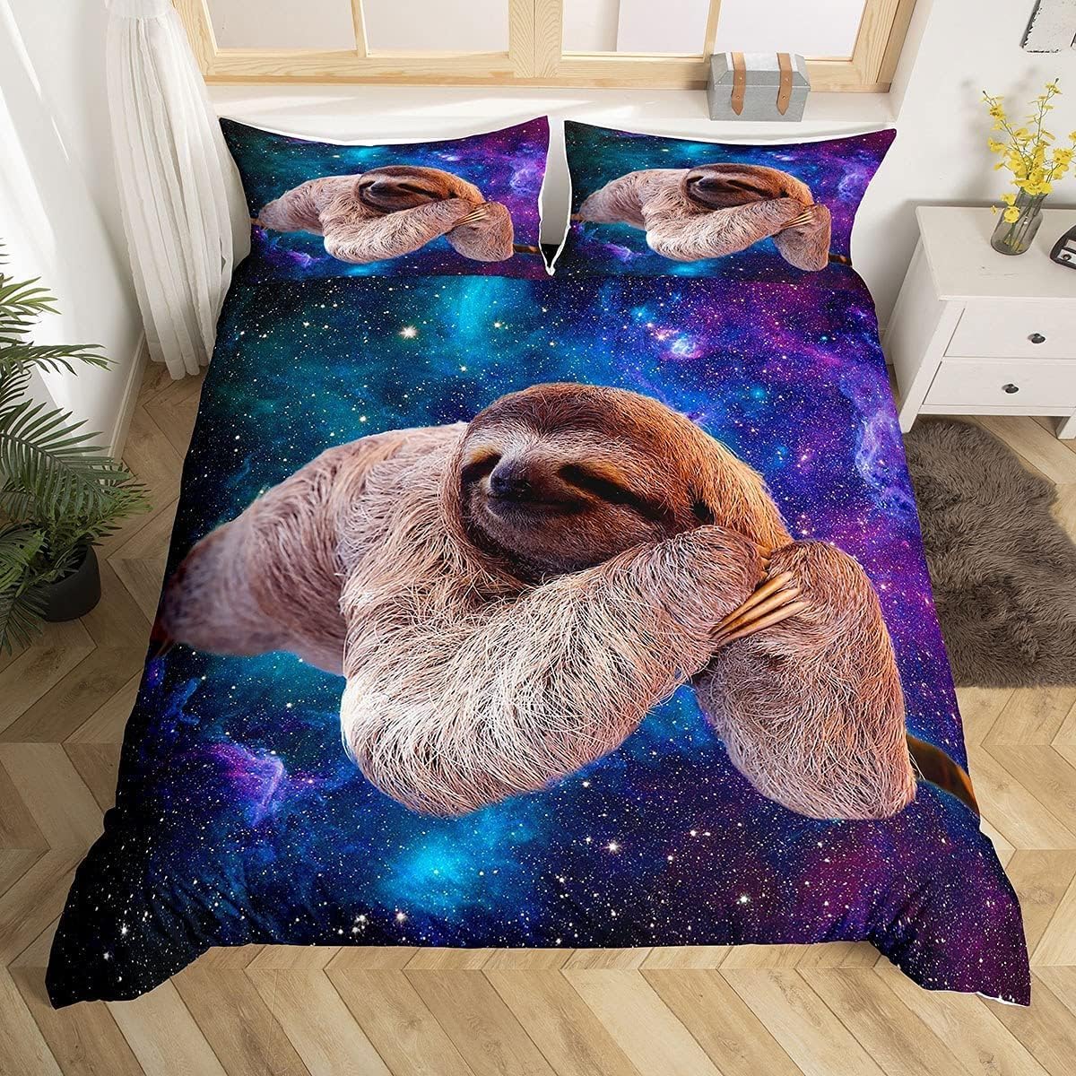 Sloth Duvet Cover 3D Funny Animal Galaxy Sloth Bedding Set Chic Purple Blue Starry Sky Bed Cover For Kids Boys Girls Children Outer Space Milky Way Bedspread Cover Bedroom Decor King Size