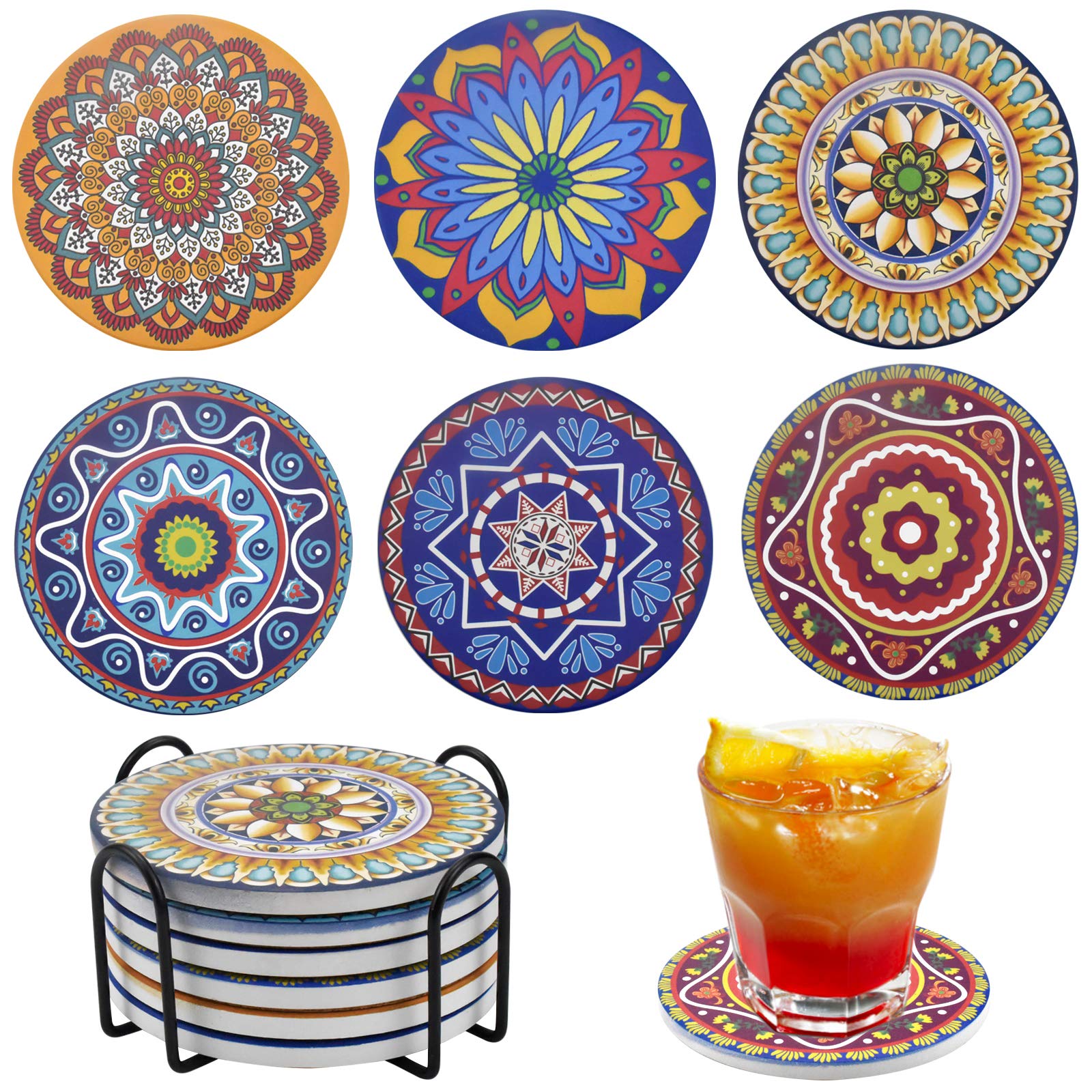 Jinlaili 6-Piece Drink Coasters Set, Absorbent Ceramic Coasters with Holder, Mandala Design, Non-Slip Cork Back for Home, Restaurant, Office