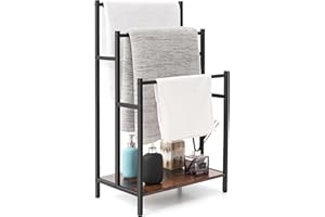 CRESO HOM Freestanding Towel Rack Stand for Bathroom, 3 Tier Blanket Ladder Holder, Towel Drying and Display Rack with Shelf, Metal Blanket Rack, Farmhouse Rustic Brown and Black