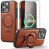 CHEEWADA Compatible with iPhone 15 Pro Max Case with Stand, Compatible with MagSafe, Slim PU Leather & Durable TPU Protective Cover Drop-Proof with Tempered Glass Screen Protector 6.7", Brown